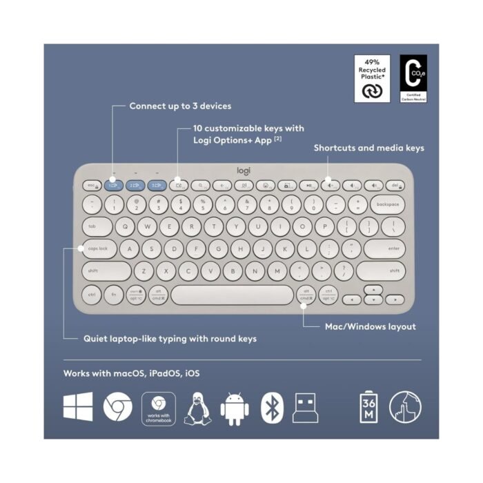 Logitech Pebble 2 Combo Wireless Keyboard and Mouse-Sand - Image 3