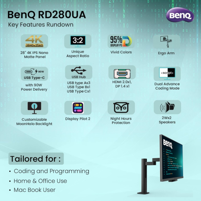 BenQ RD280UA 28.2" 4K+ 3:2 Ergo Arm Programming Monitor – HDR, USB-C, MoonHalo